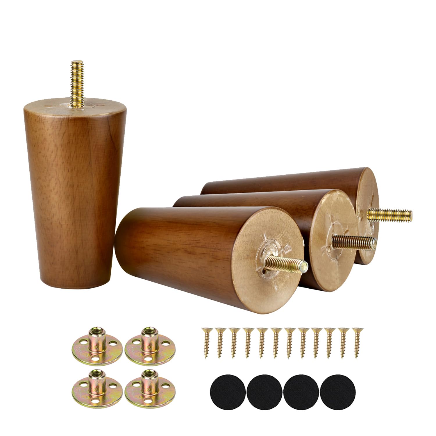 Maricome 4in wood furniture legs close-up showing preinstalled M8 bolts for easy retrofit
