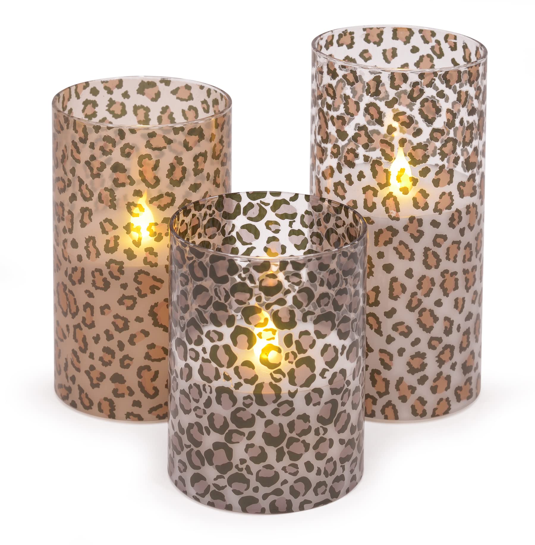 Mark Feldstein & Associates leopard flameless pillar candle with flickering LED.