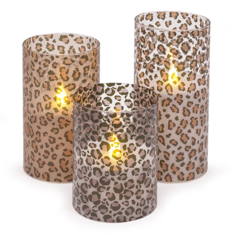 Mark Feldstein & Associates leopard flameless pillar candle with flickering LED.