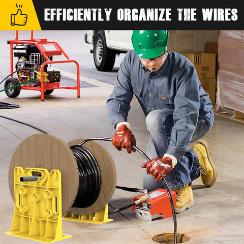 Marketty wire spool rack demonstrates capacity for 34-inch diameter spools.