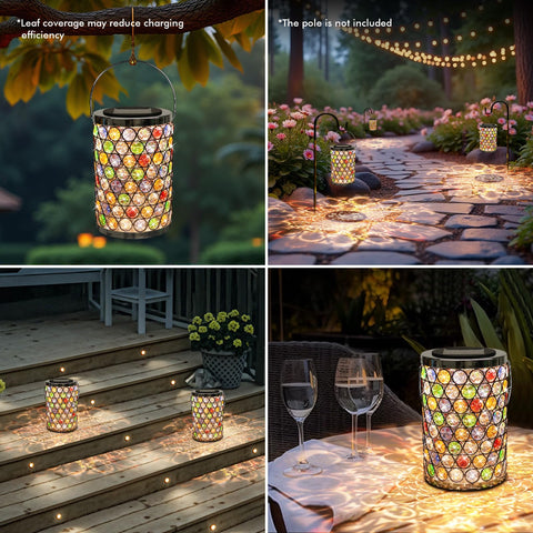 Maromamix crystal bead mosaic lantern emits ethereal glow along paths.
