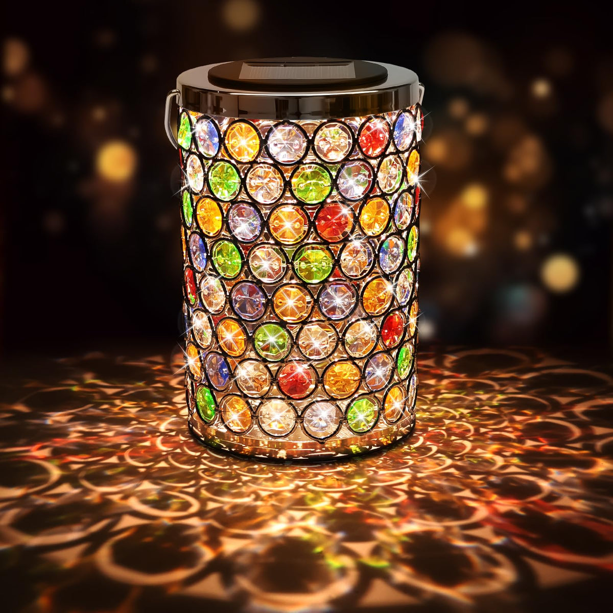 Maromamix mosaic crystal hummingbird lantern casts color on patios.