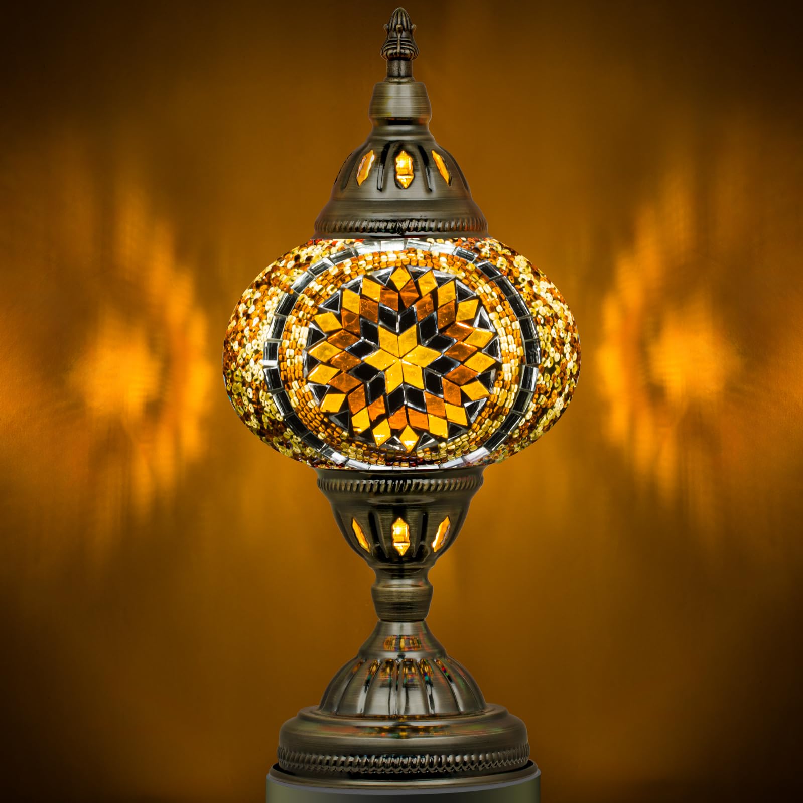 Marrakech Moroccan Mosaic Lamp with glass shards and bronze base creates warm reflections