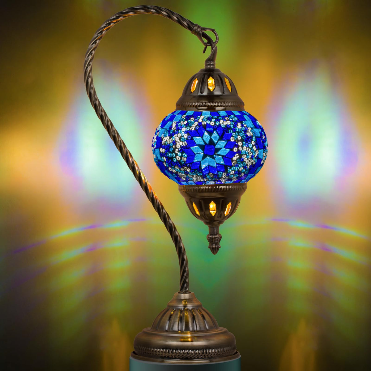 Marrakech stained glass lamp blue1 with swan neck base enhances living room ambience.