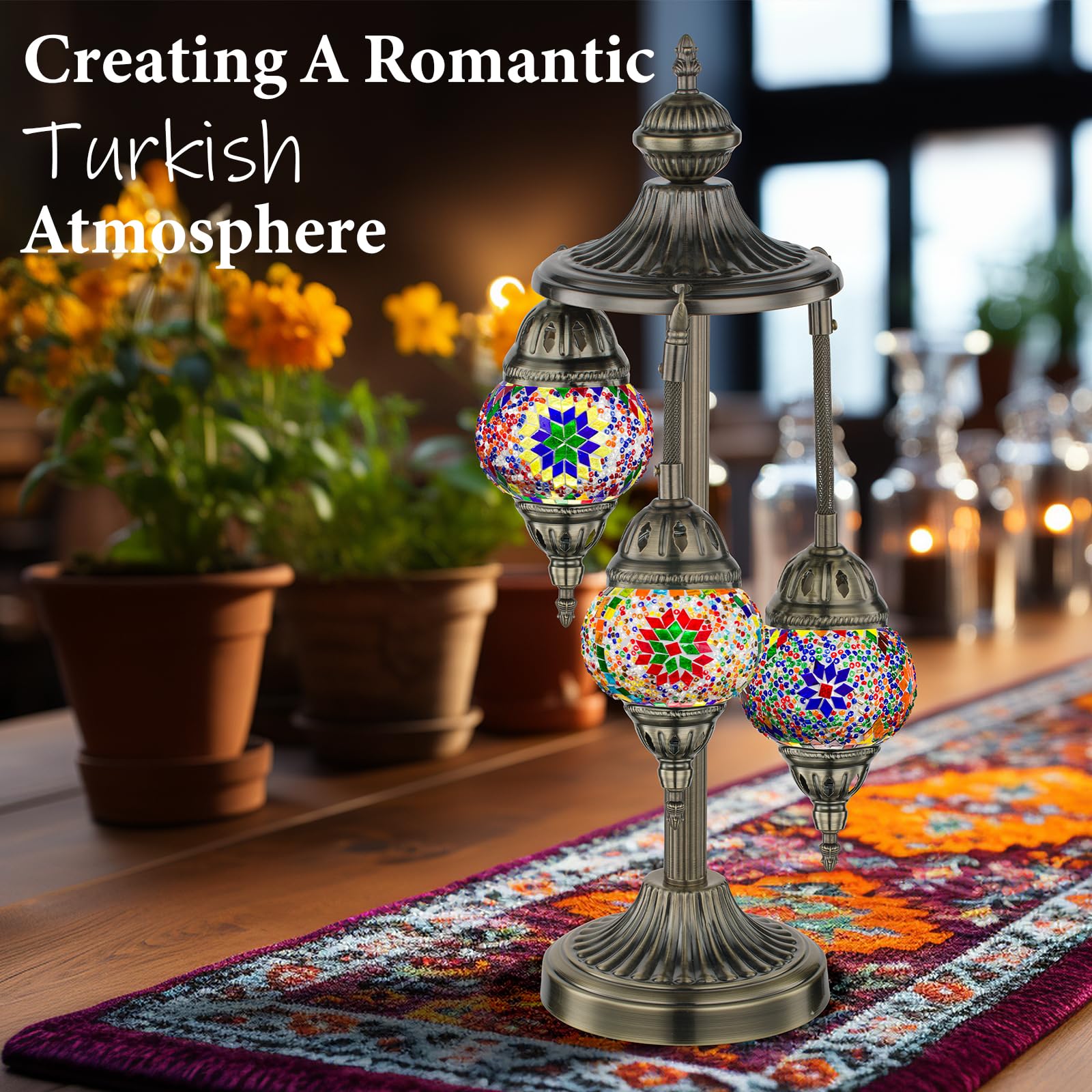 Marrakech bronze-base lamp showcasing colorful Tiffany glass for stylish living room decor