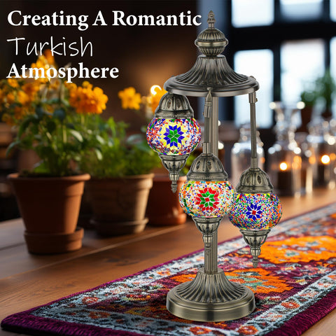Marrakech bronze-base lamp showcasing colorful Tiffany glass for stylish living room decor