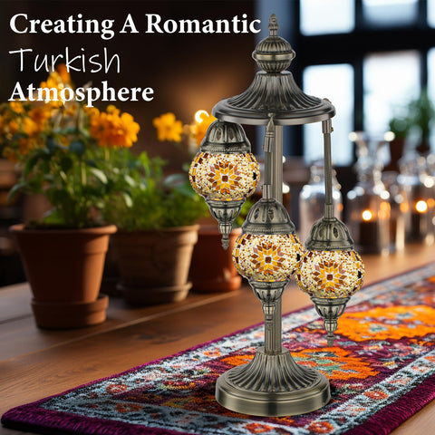Marrakech Turkish Lamp features yellow Tiffany mosaic glass for cozy ambiance