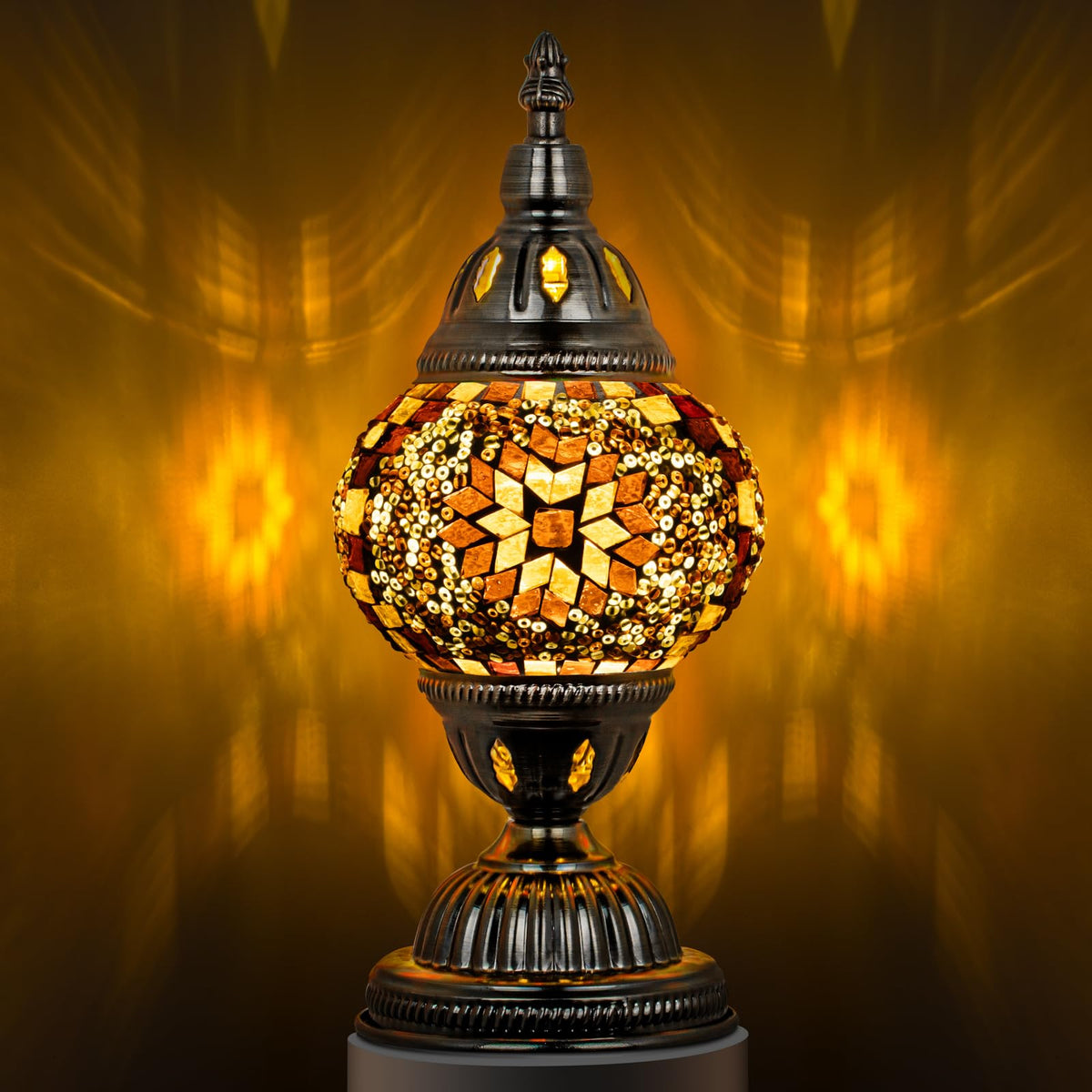 Marrakech Turkish table lamp with bronze base close-up highlighting craftsmanship for ambient living room lighting