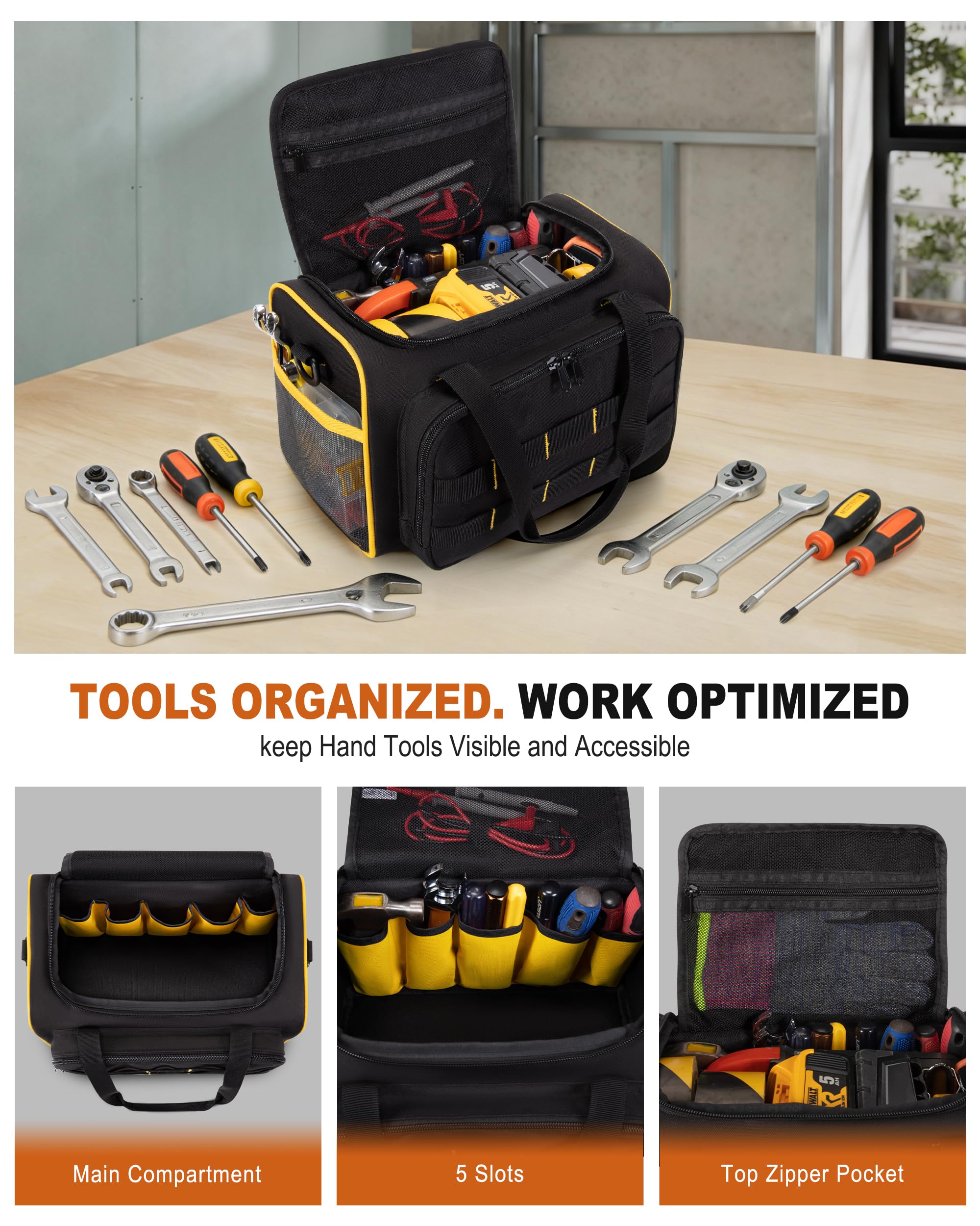 Marscamd 12in tool bag side pockets store small tools for quick access.