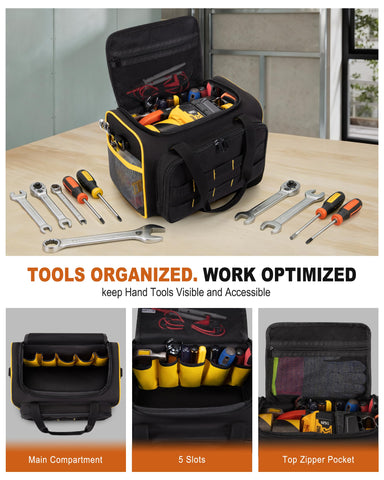 Marscamd 12in tool bag side pockets store small tools for quick access.