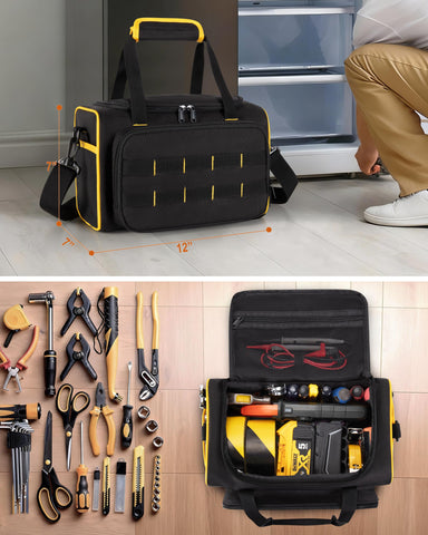Marscamd 12in tool bag top handle and shoulder strap offer versatile carrying.