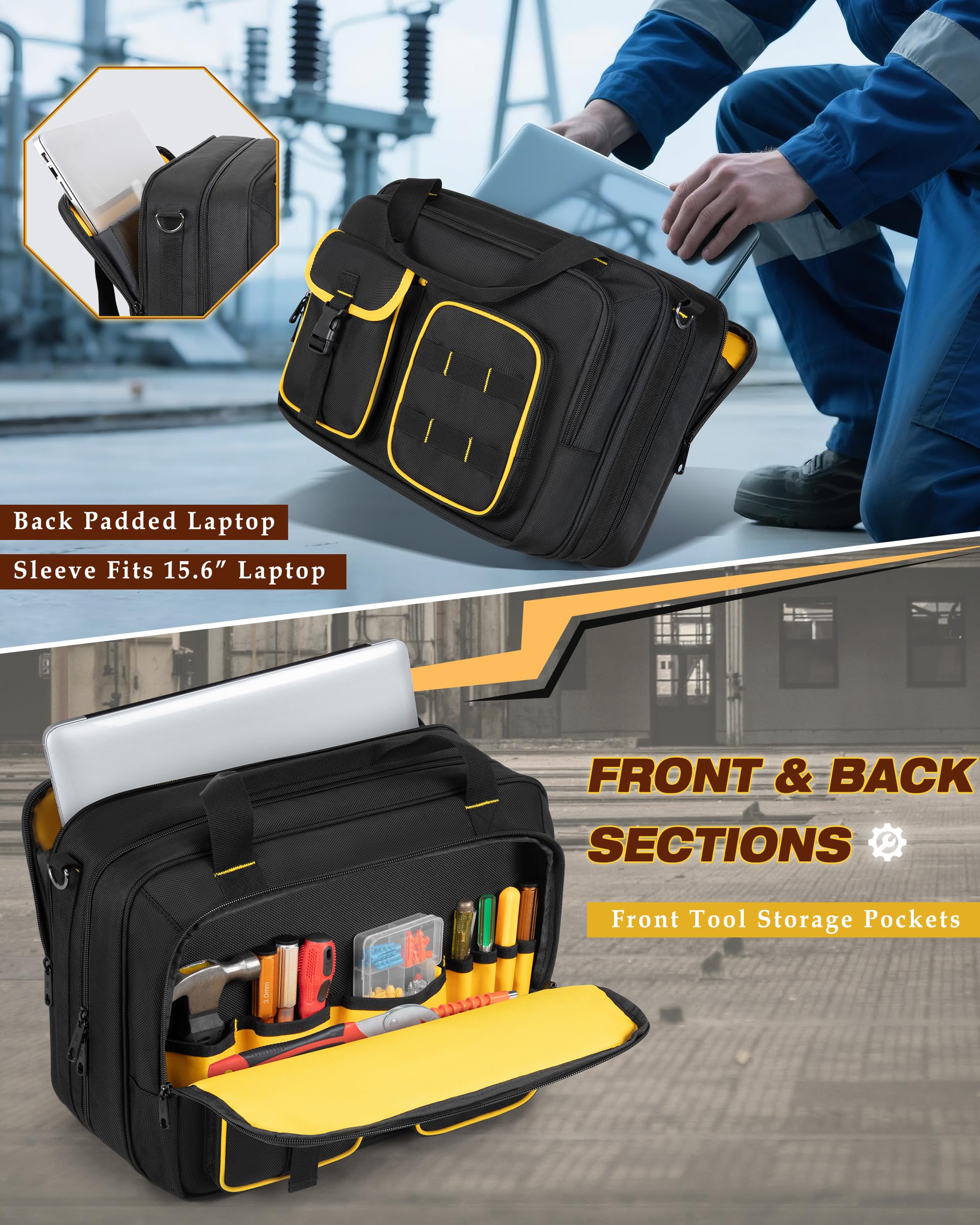 Marscamd Electrician Tool Bag laptop sleeve visible fits a 15.6 inch laptop securely