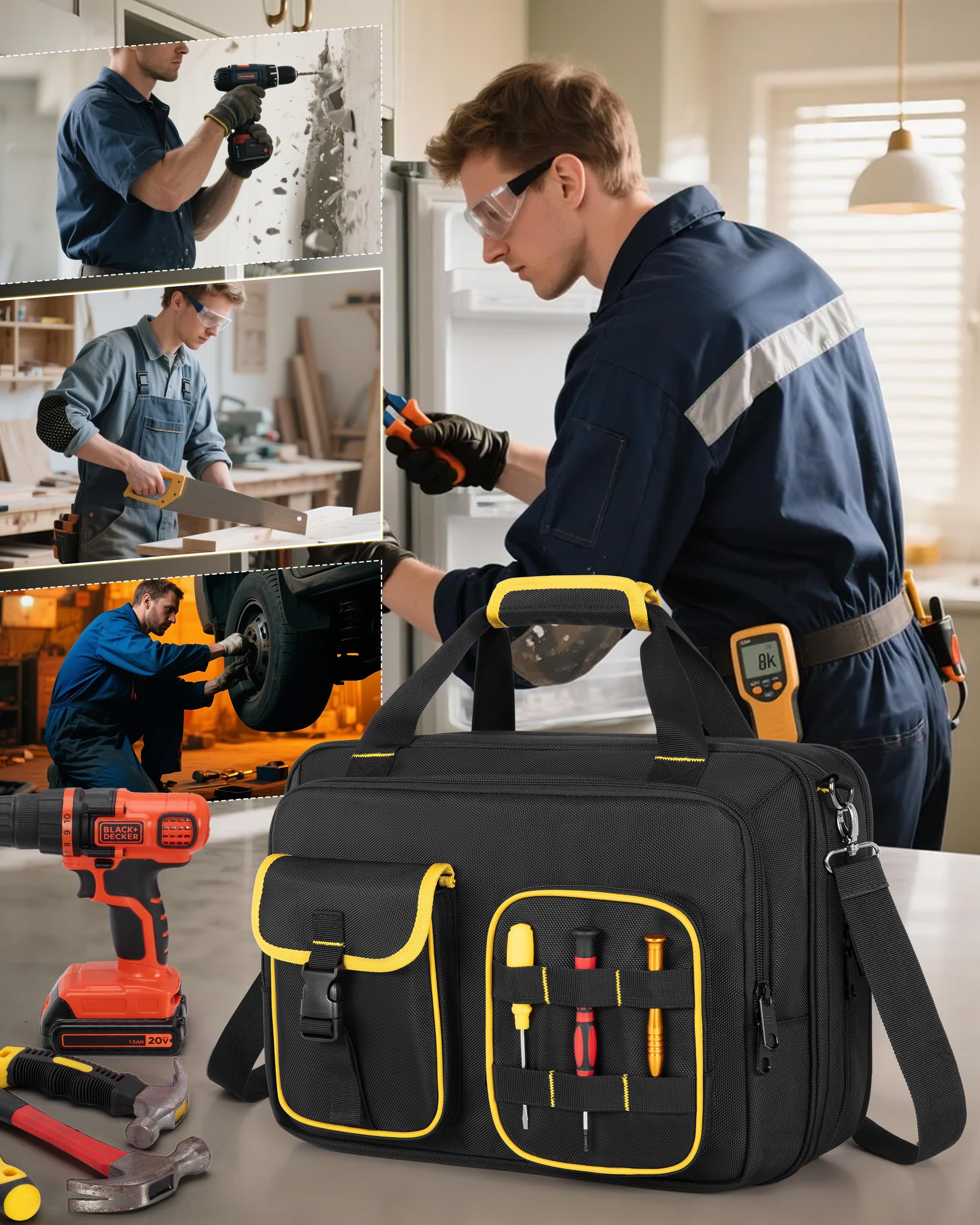 Marscamd Electrician Tool Bag luggage strap lets you attach to luggage