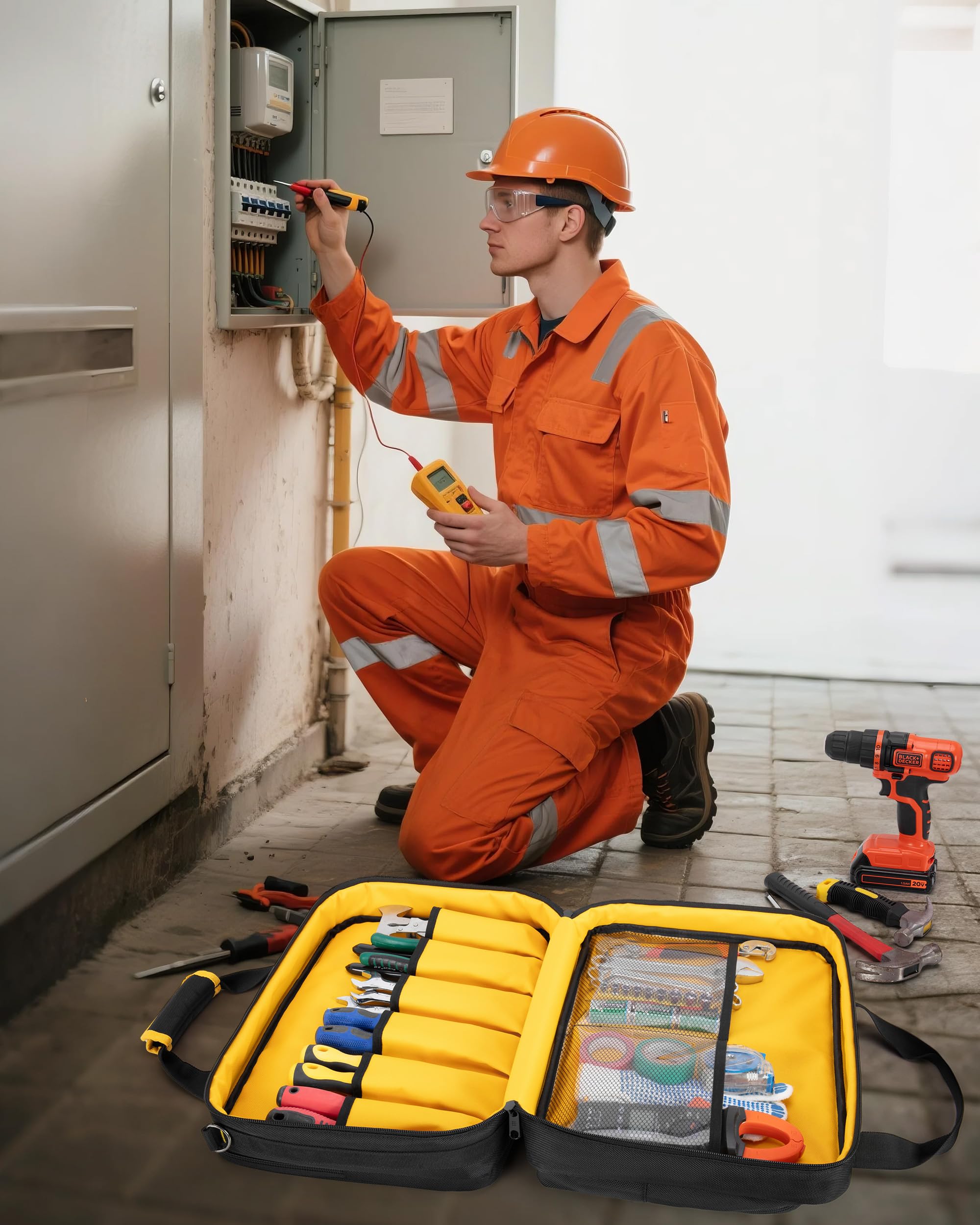 Marscamd Electrician Tool Bag on-site use shows versatile organization for technicians