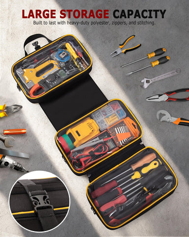 Marscamd tri-fold design opens flat for easy access to pliers and wrenches.