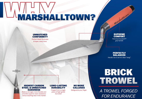 12-inch London-style trowel used in blockwork projects for steady control.