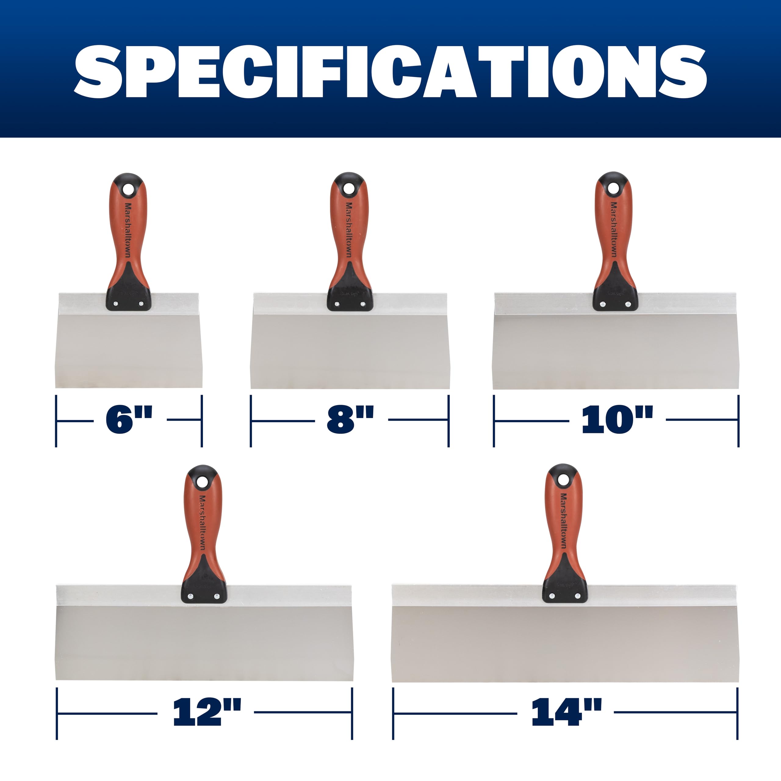 Marshalltown drywall tapping knife 10-inch blade for wide-area coverage and control.
