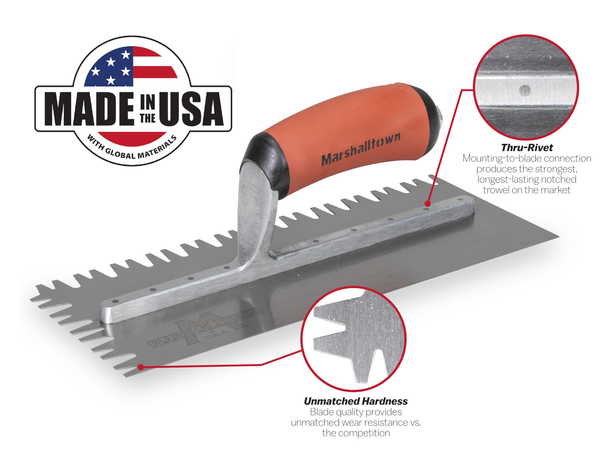 Marshalltown large-format tile trowel provides high coverage with sawtooth pattern.