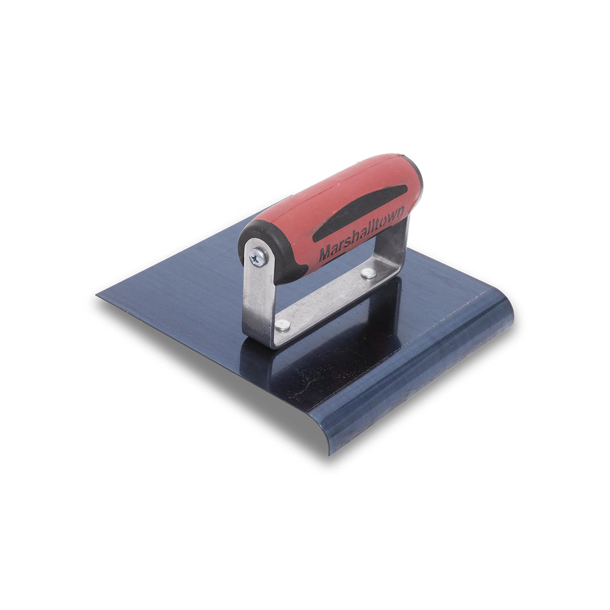 Marshalltown straight edger with blue steel blade for precise edge shaping along concrete forms.