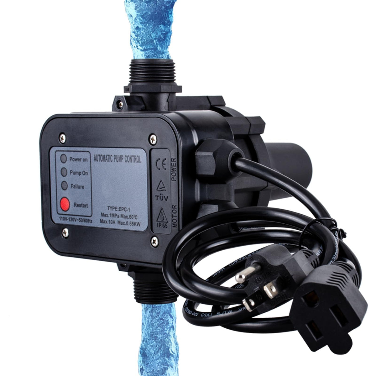 MARSTEK IP65 automatic water pump controller front panel shows controls for reliable operation