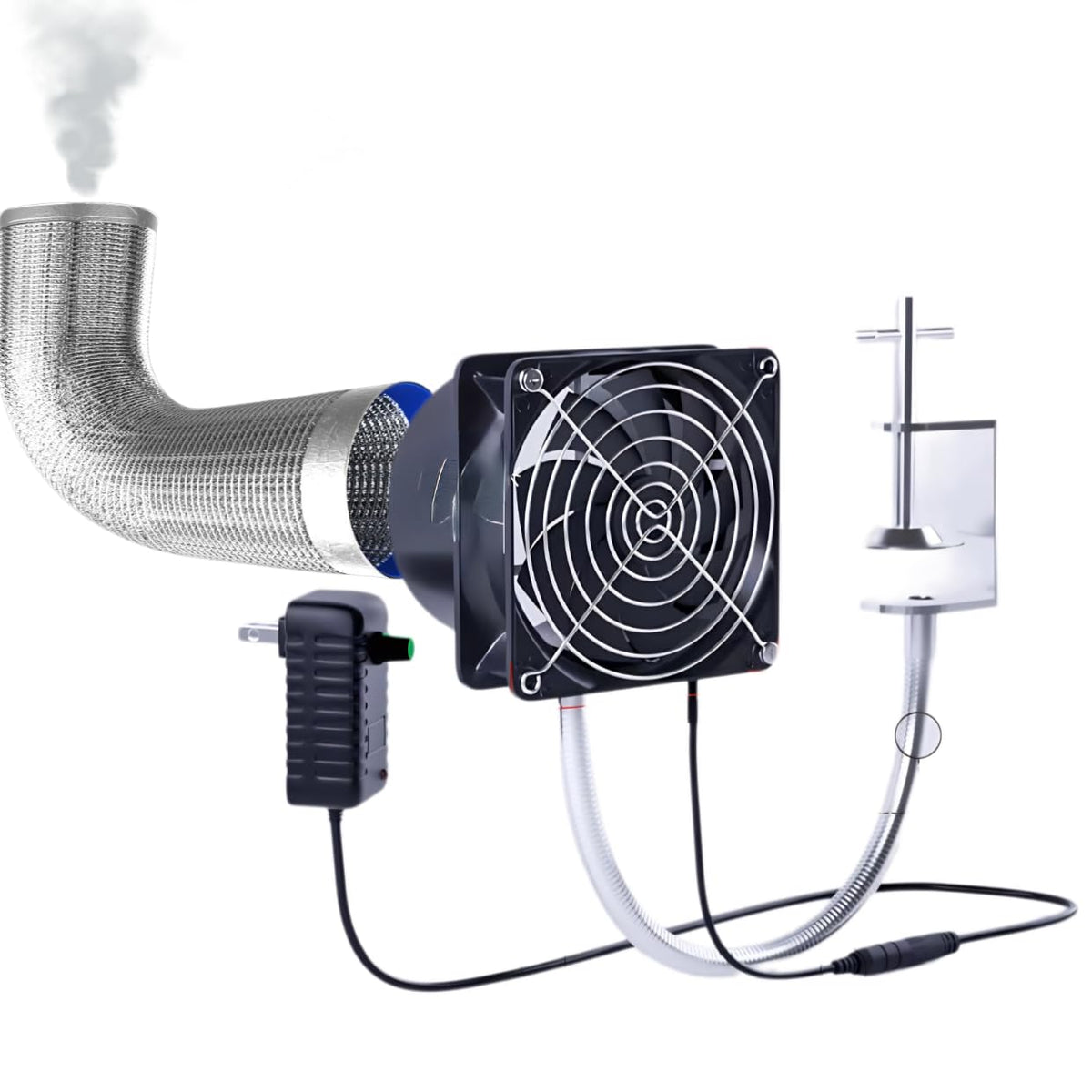 Martians Fume Extractor front view capturing solder fumes at a compact workstation.
