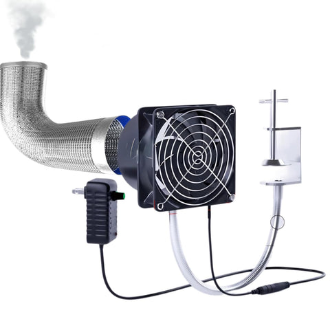 Martians Fume Extractor front view capturing solder fumes at a compact workstation.