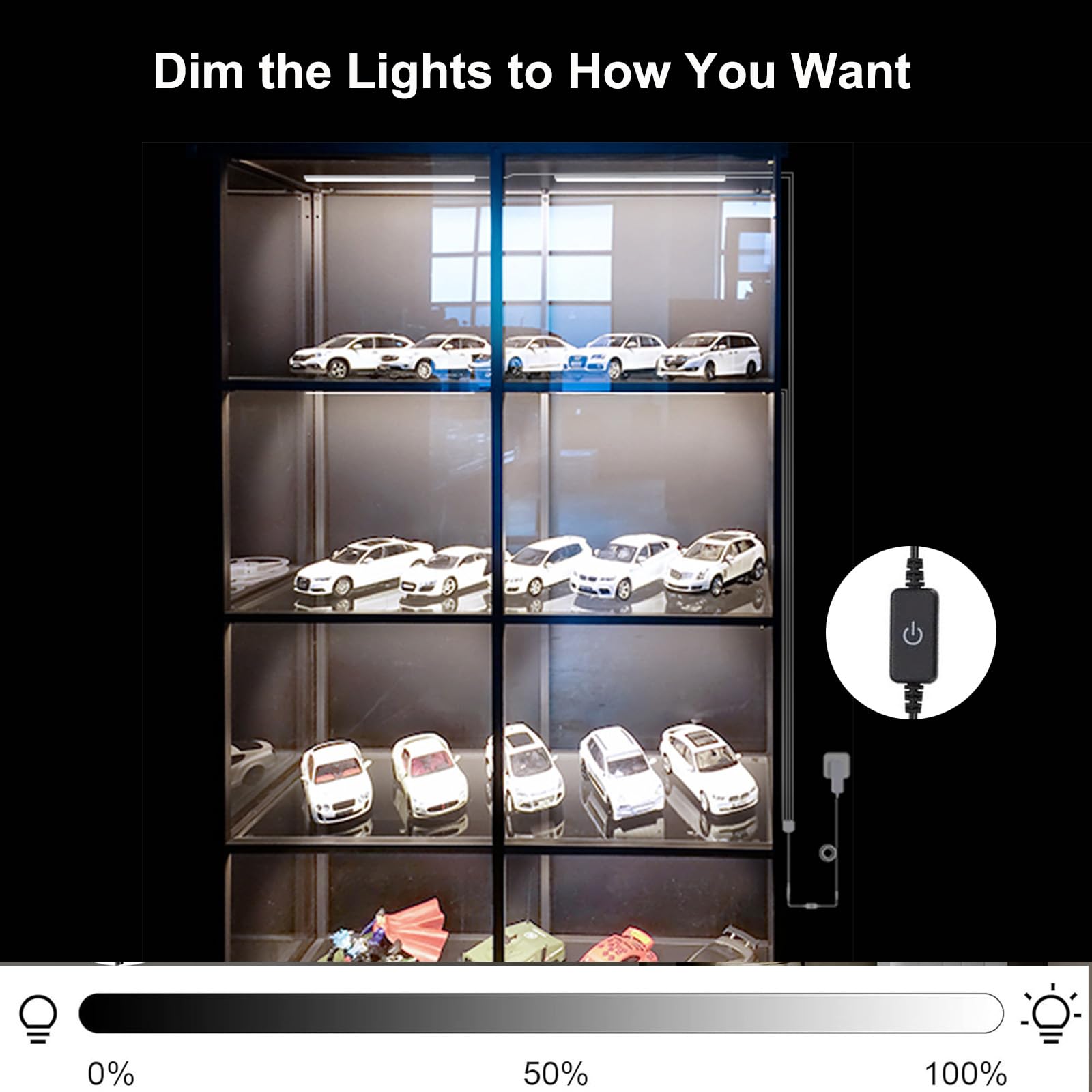 Martronic slim black light bar blends into dark shelves for discreet lighting.
