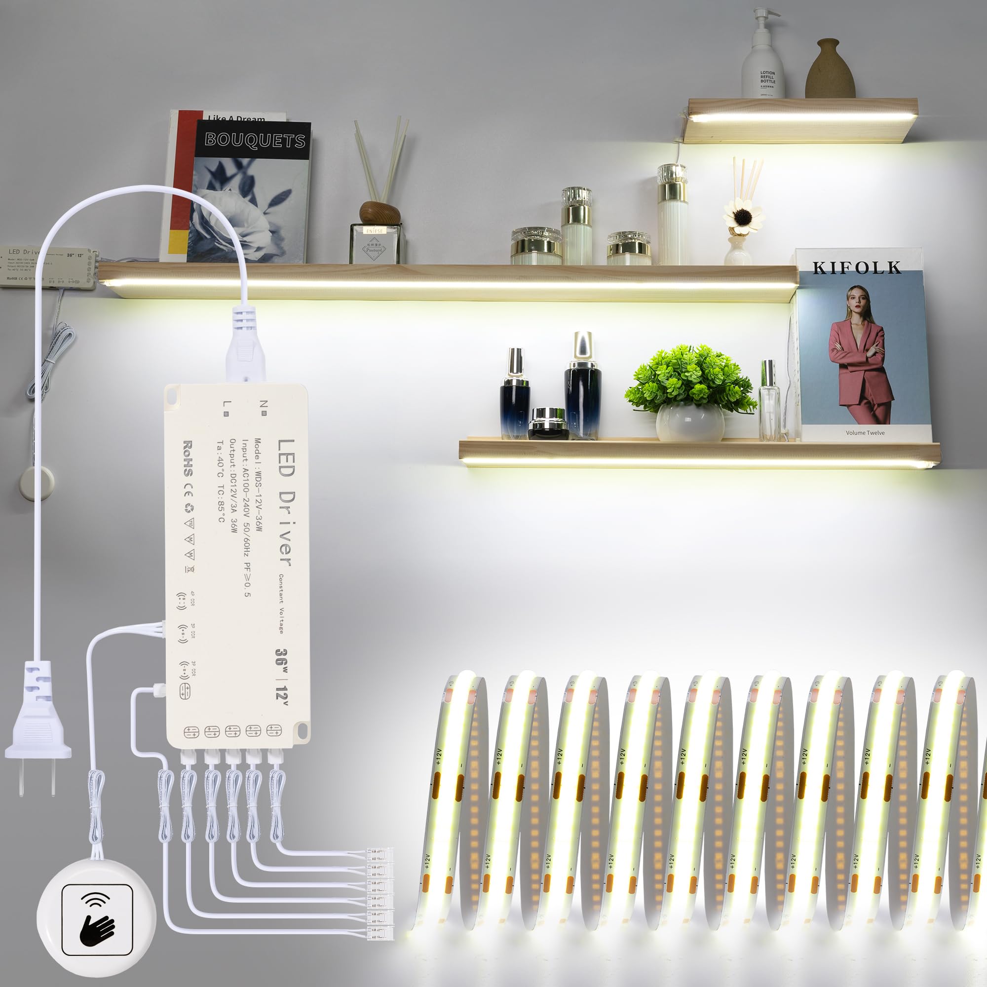Martronic COB display light strip for shelves providing bright 6000K illumination, ideal for bookcases.