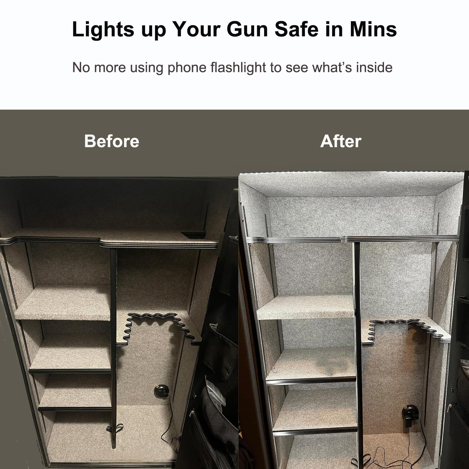 Martronic gun safe interior lit by four slim bars for quick item finding