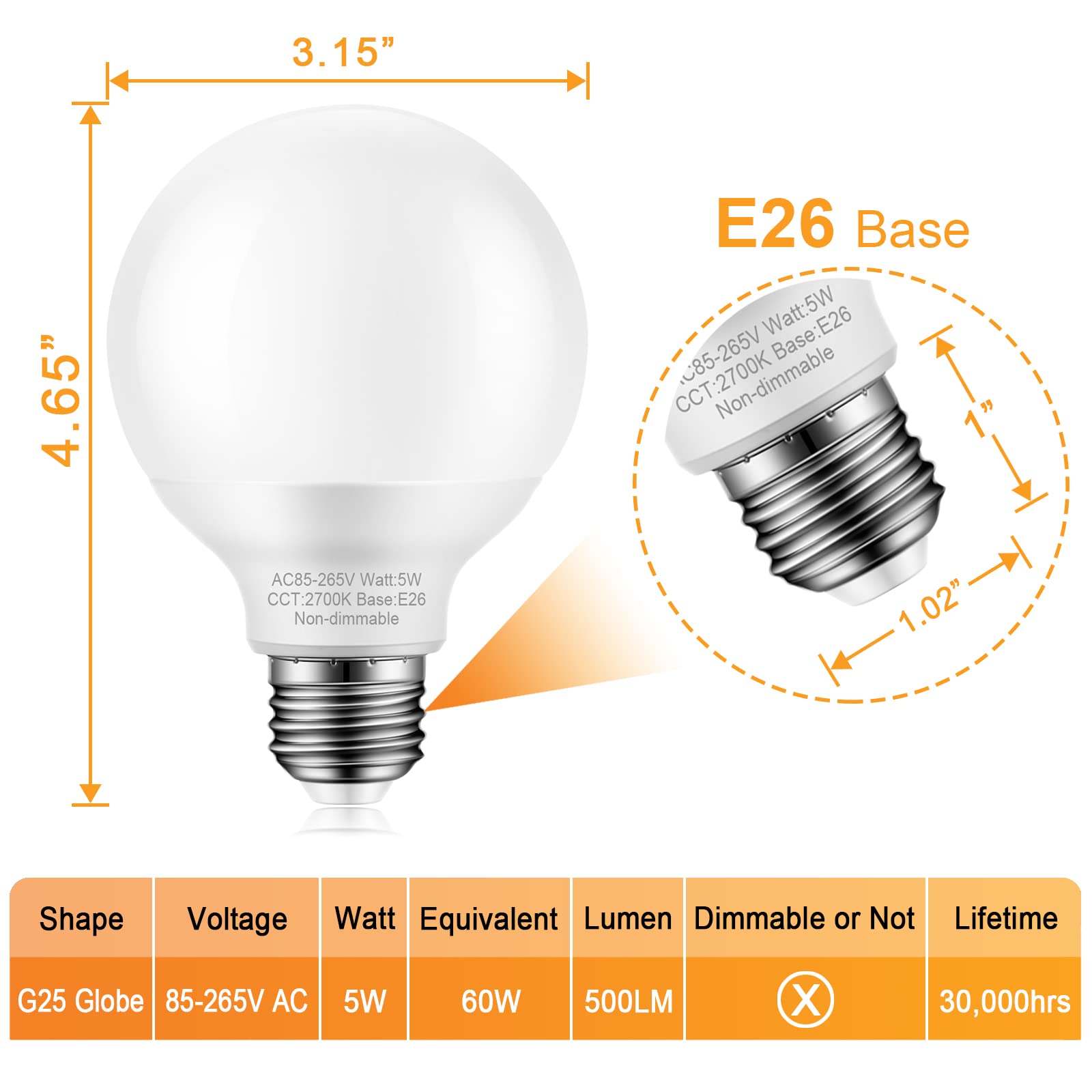 Marxlait LED vanity globe bulb 2700K delivering 500lm for relaxed bathroom ambiance.