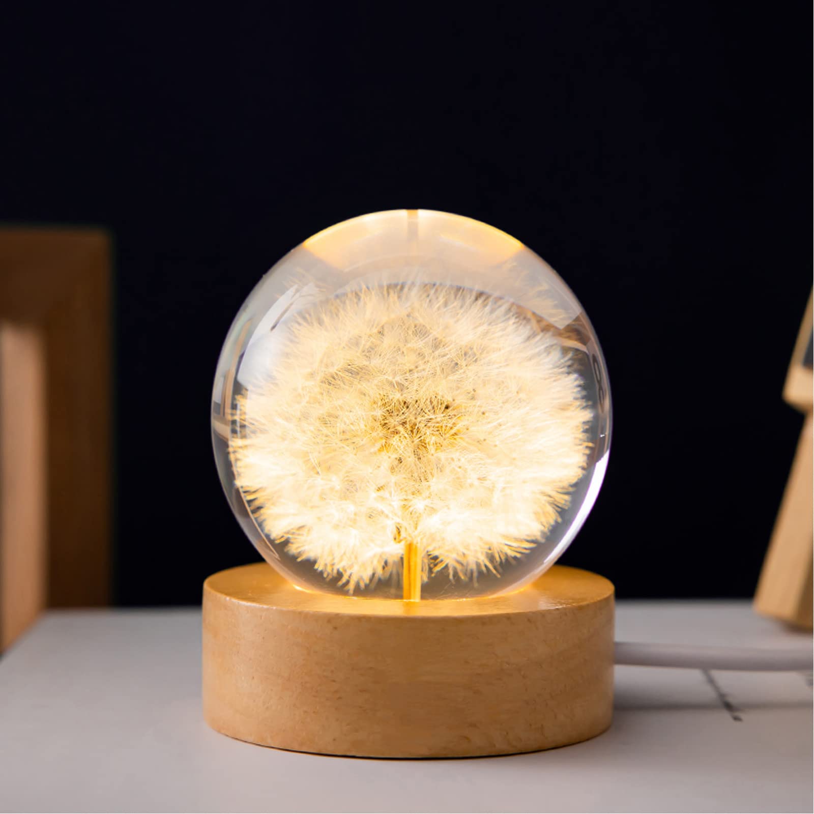 MARZIUS flower crystal ball night light with wooden base enhances desk ambience.