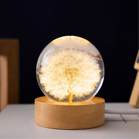 MARZIUS flower crystal ball night light with wooden base enhances desk ambience.