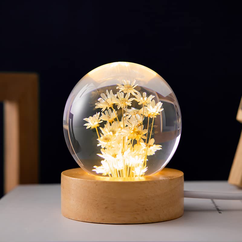 MARZIUS Flower Crystal Ball Night Light with yellow daisy and warm glow for cozy decor