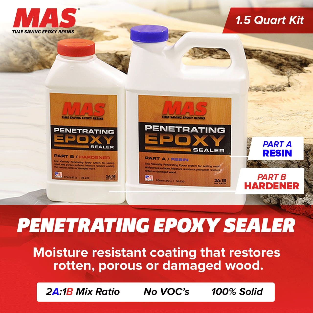 MAS Epoxies labeled packaging demonstrates VOC-free formula and easy cleanup