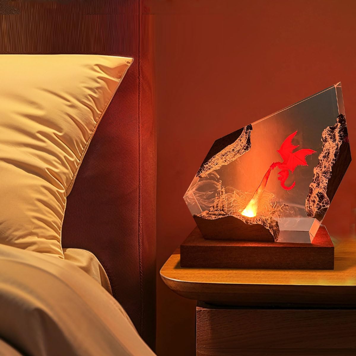 MASDEC Epoxy Fire Dragon lamp in bedroom setup for ambiance