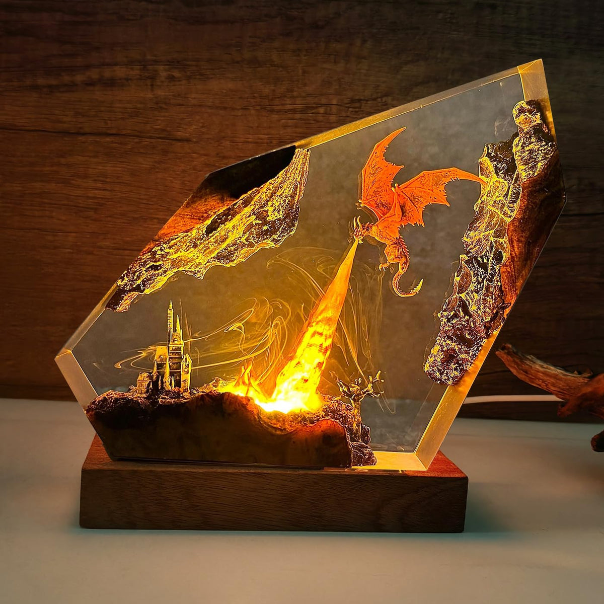MASDEC Epoxy Fire Dragon lamp side view glowing softly for cozy ambiance