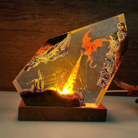 MASDEC Epoxy Fire Dragon lamp side view glowing softly for cozy ambiance