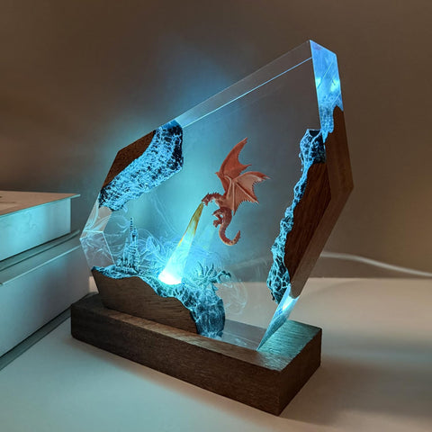 MASDEC Fire Dragon lamp wood base close-up showing natural texture