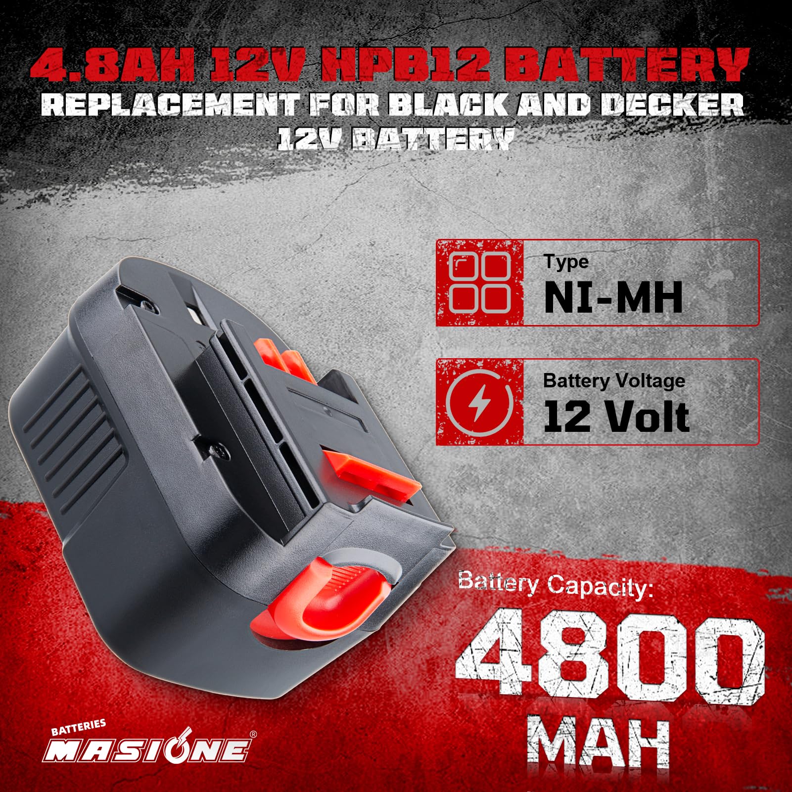 Front view of Masione 12V battery showing compact Ni-MH pack.