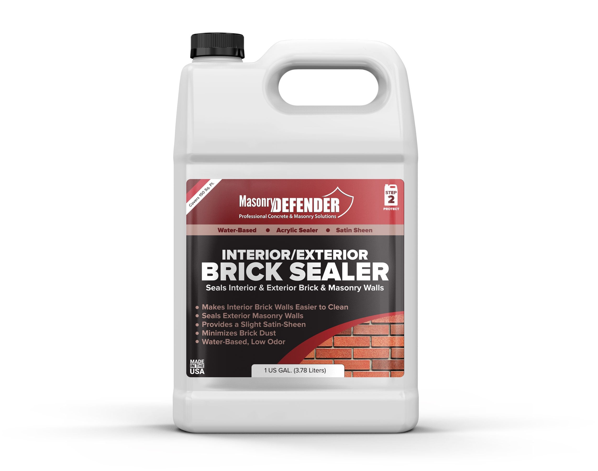 MasonryDefender Brick Sealer satin finish 1gal enhances natural brick color with subtle sheen.