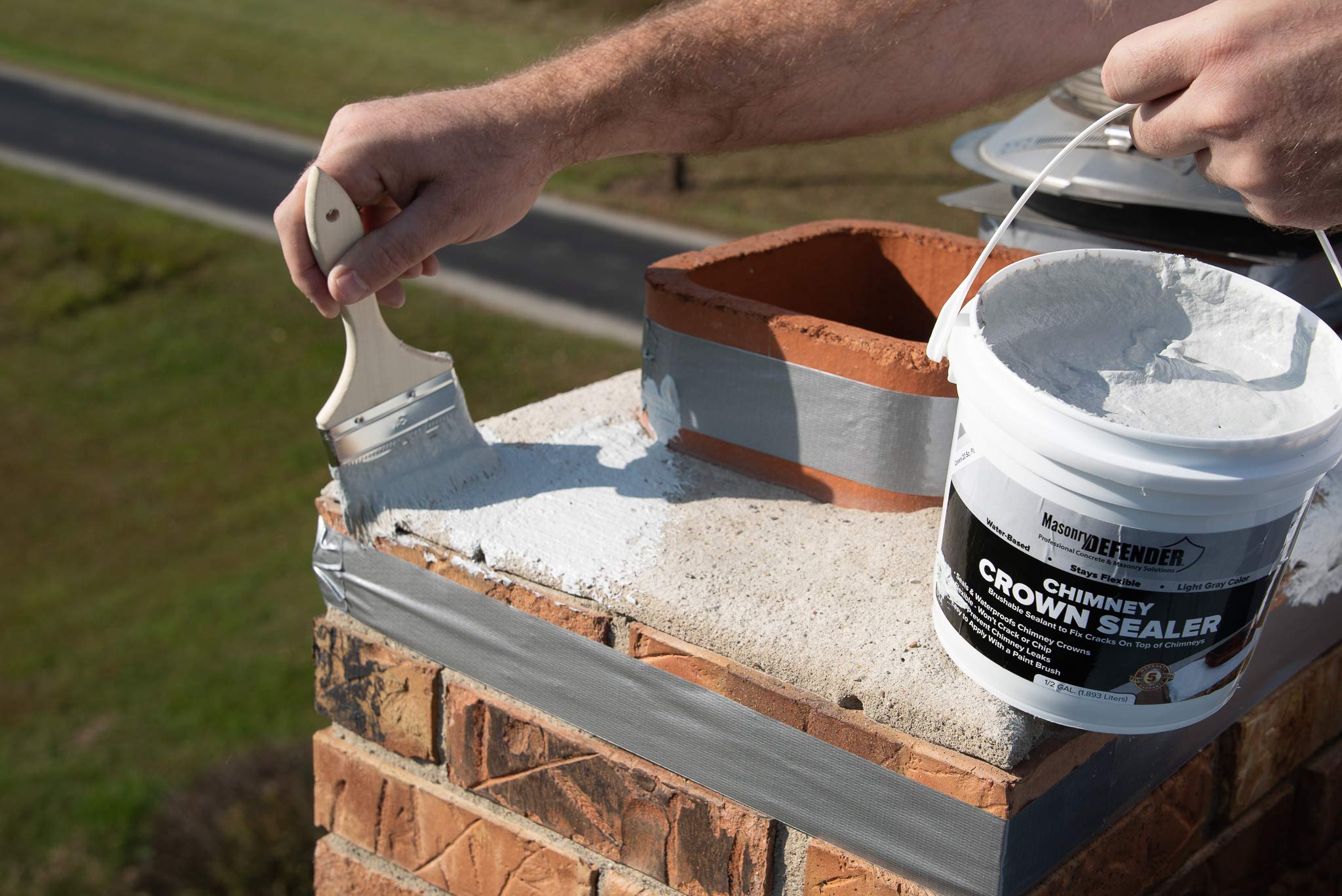MasonryDefender brush-on elastomeric sealant providing durable waterproofing on a crown.