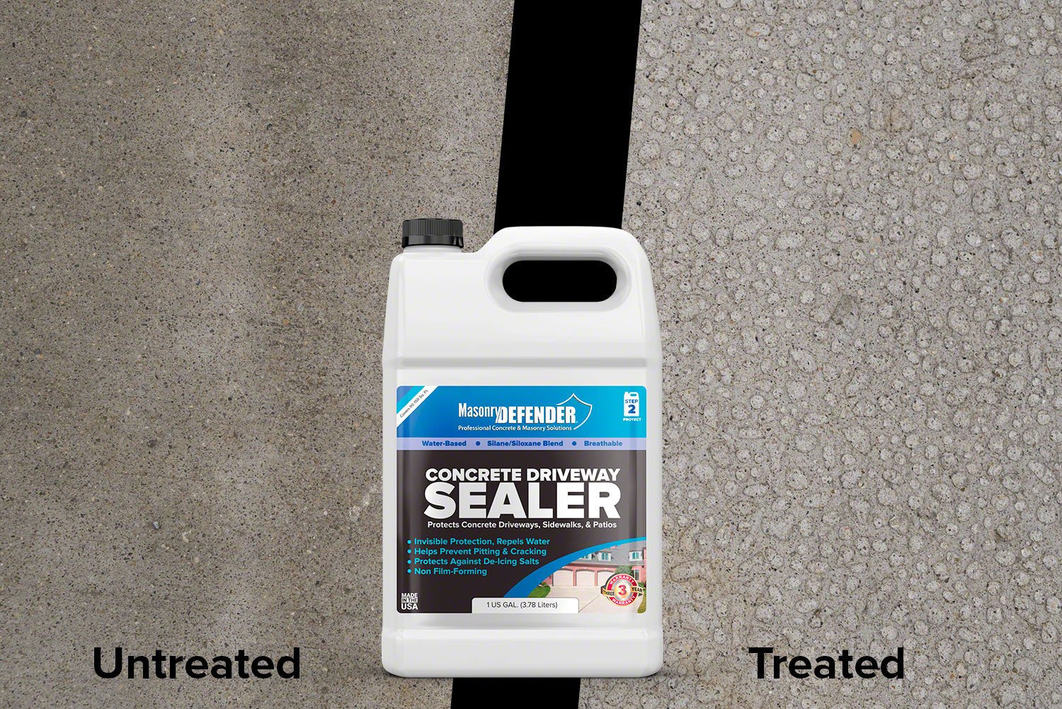 The MasonryDefender beaded water on sealed concrete demonstrates water repellency.