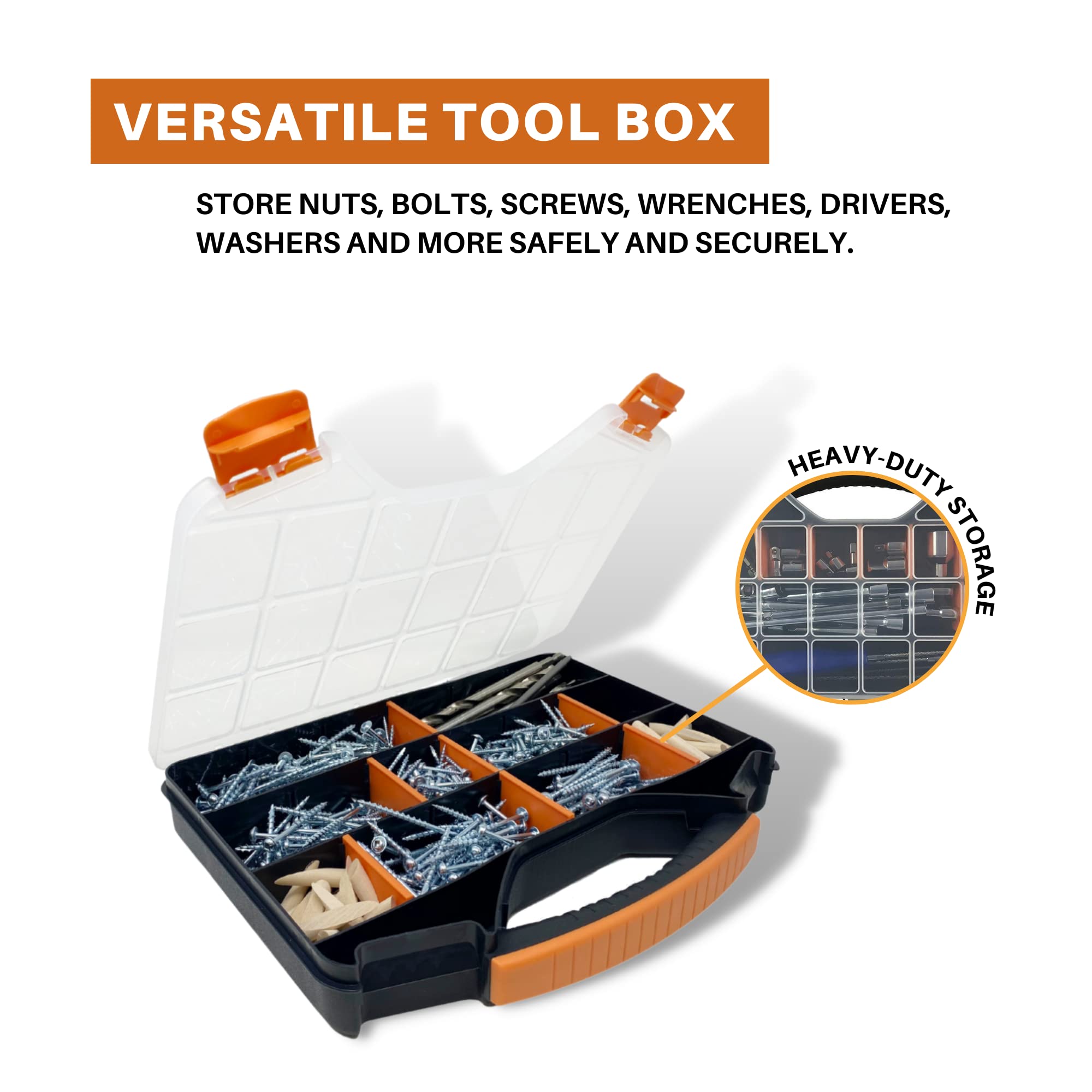 Heavy-duty locking latches securely store tools and hardware during transport