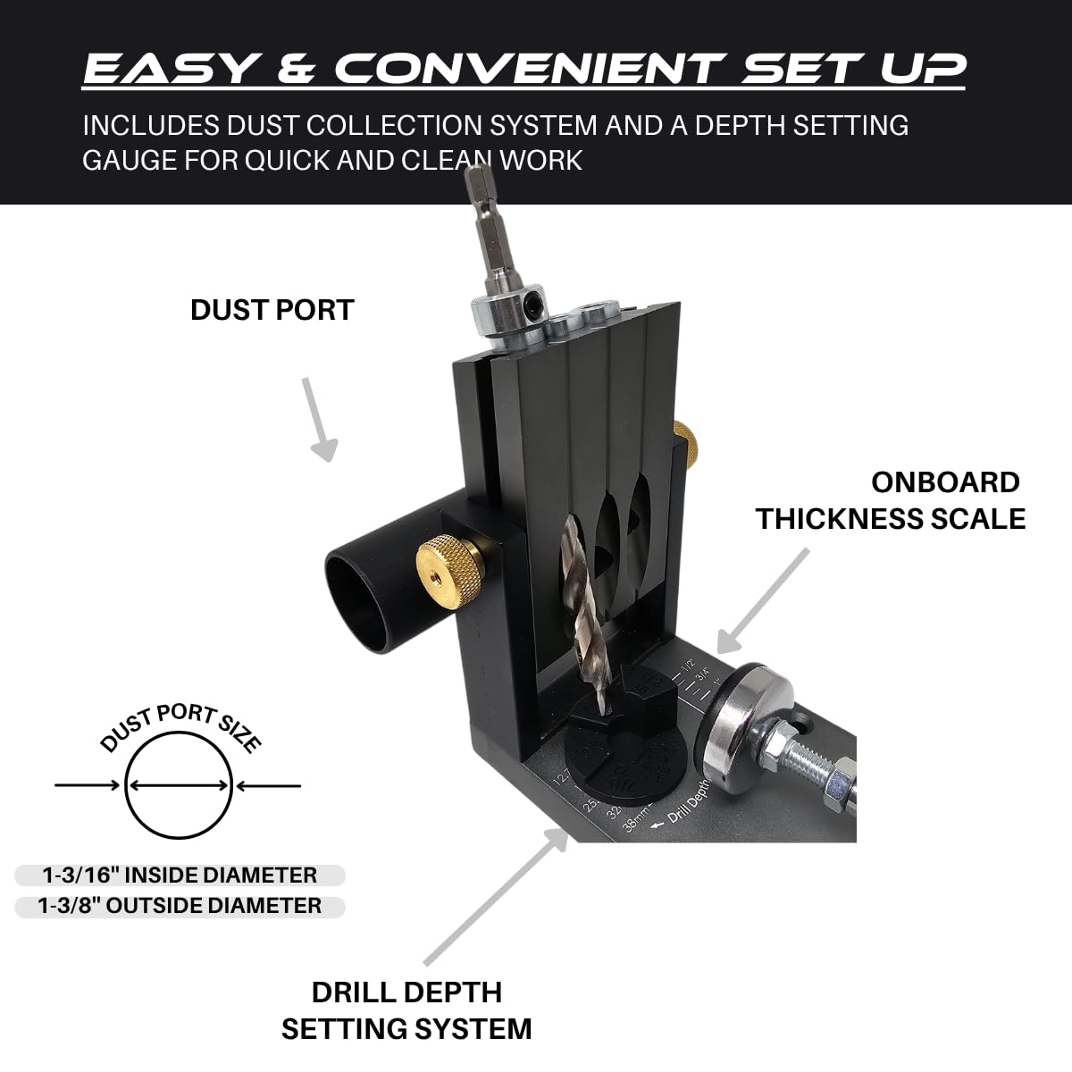 Massca M1 dust spout helps capture sawdust for cleaner air