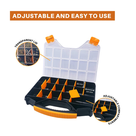 Removable dividers enable customizable layout for nuts, bolts, and hobby parts