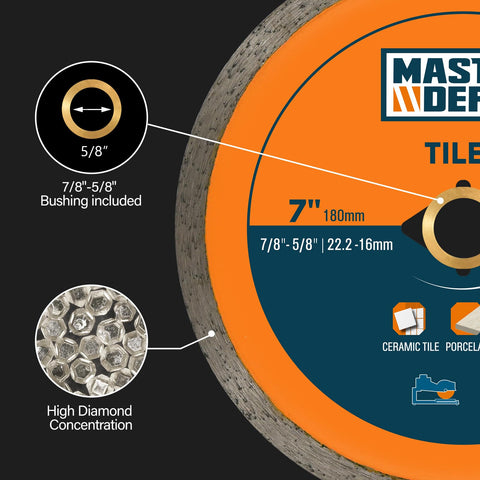 Master Depot 7-inch blade on tile saw delivering precise cuts with minimal chipping.