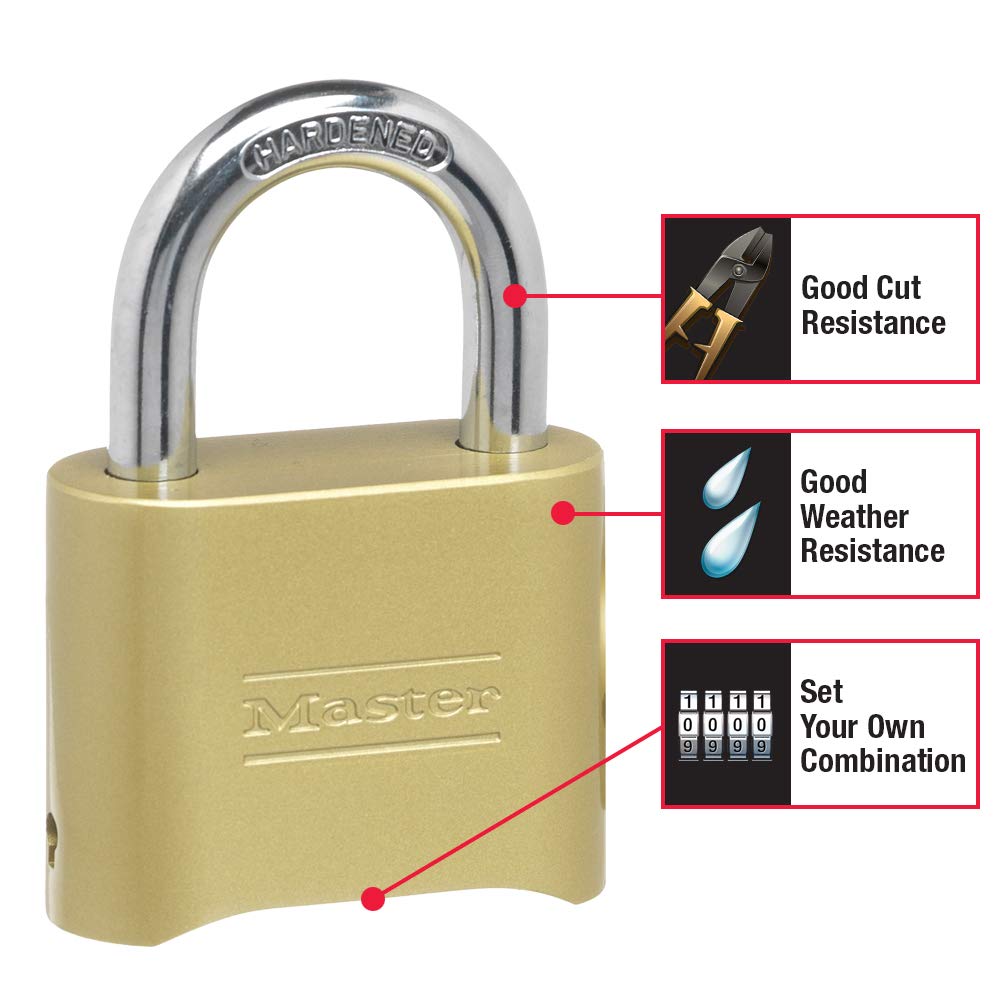 Master Lock 175 padlock close-up of hardened steel shackle for cut resistance.