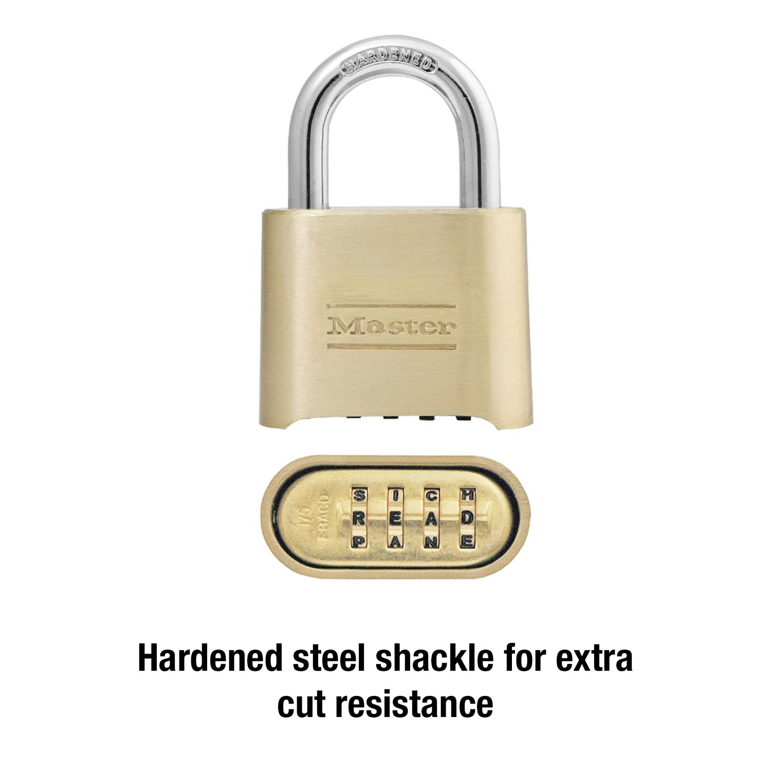 Master Lock 175DWD shackle closeup demonstrates hardened steel for cut resistance
