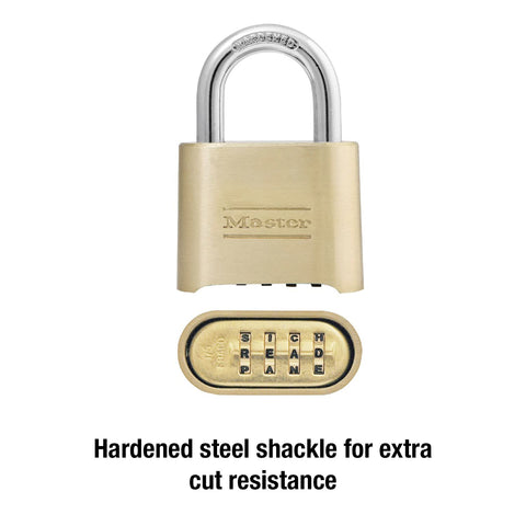 Master Lock 175DWD shackle closeup demonstrates hardened steel for cut resistance
