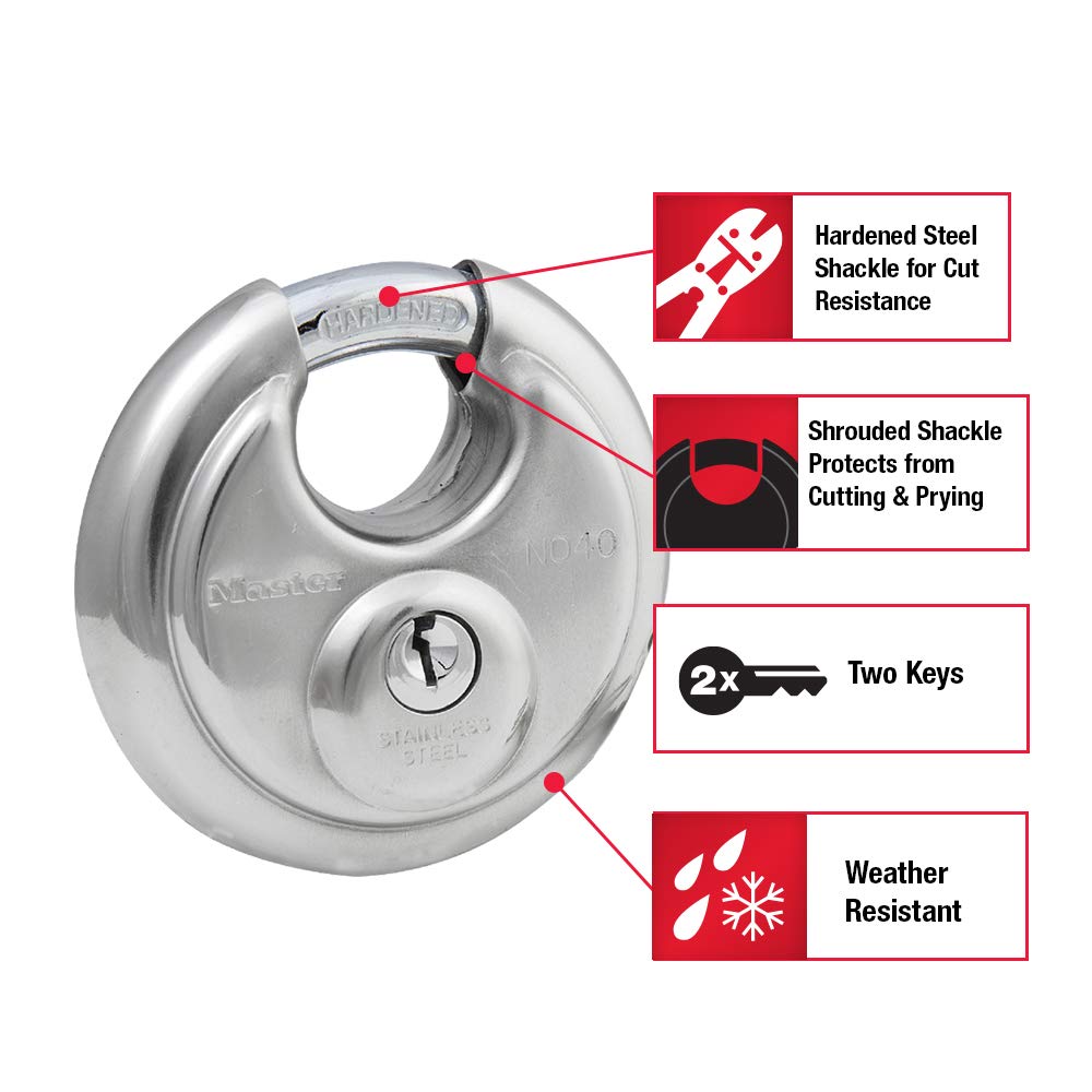 Master Lock 40TRI stainless steel shackle close-up for rugged durability.